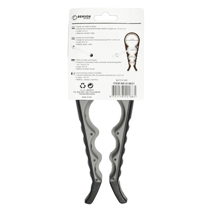 Rückseite der Verpackung eines Glas- und Flaschenöffners von Benson Home mit Produktinformationen, Maßangaben der Öffnungen und Barcode, auf weißem Hintergrund.