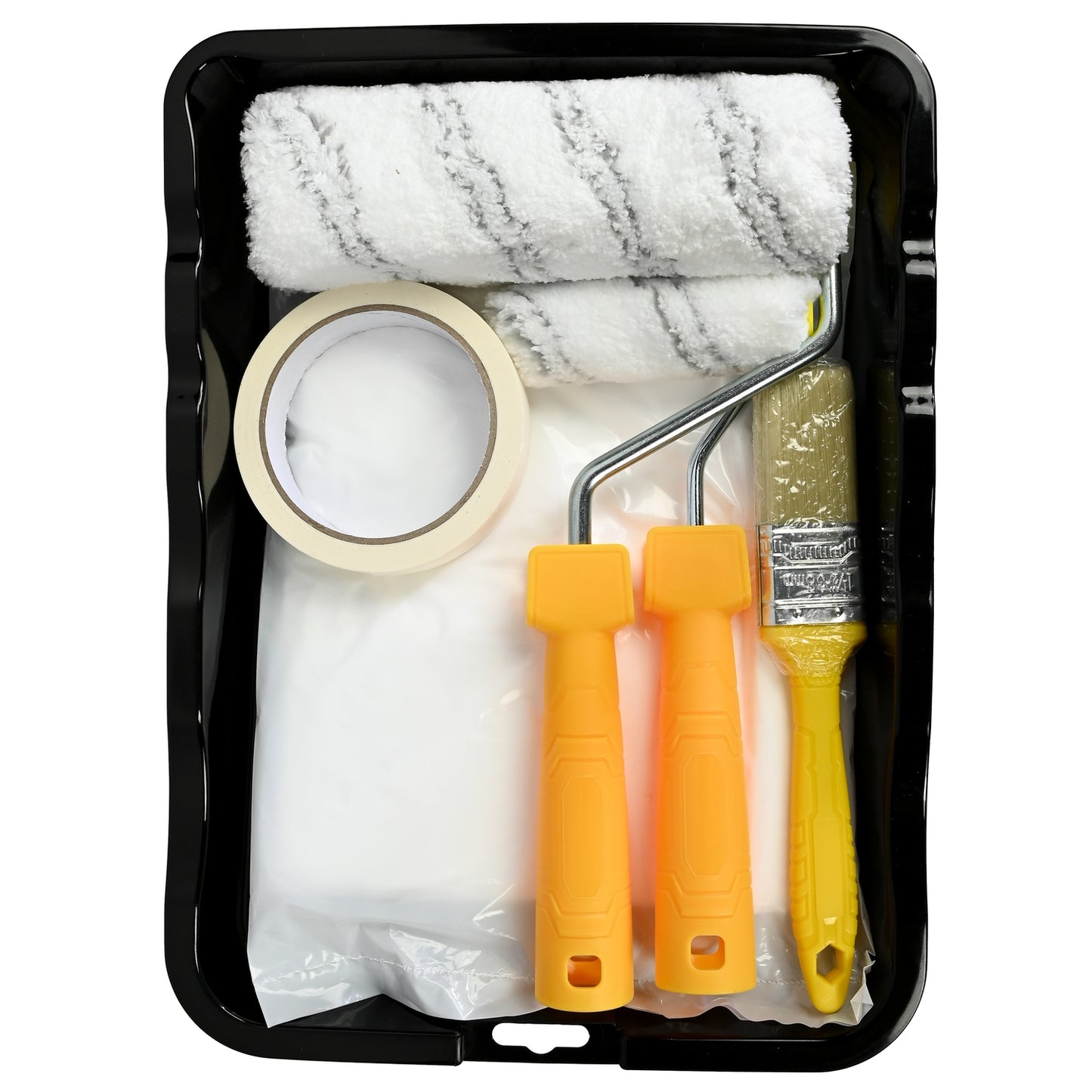 Farbroller-Set mit zwei Farbrollern, Pinsel, Abdeckfolie und Kreppband, ordentlich in der schwarzen Farbwanne angeordnet, Draufsicht.