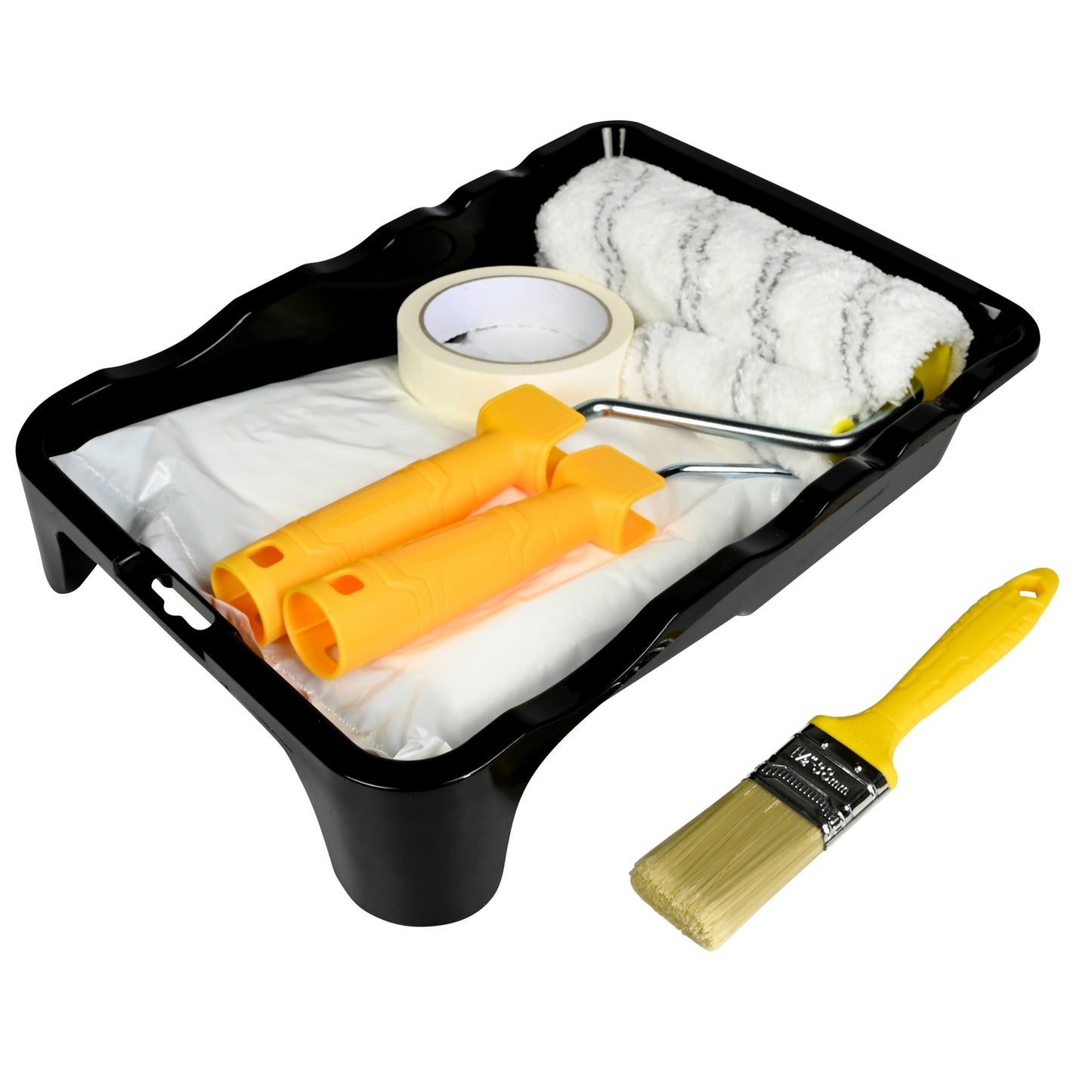 Farbroller-Set mit Zubehör, in der schwarzen Farbwanne liegend, Pinsel separat daneben platziert, schräg fotografiert.