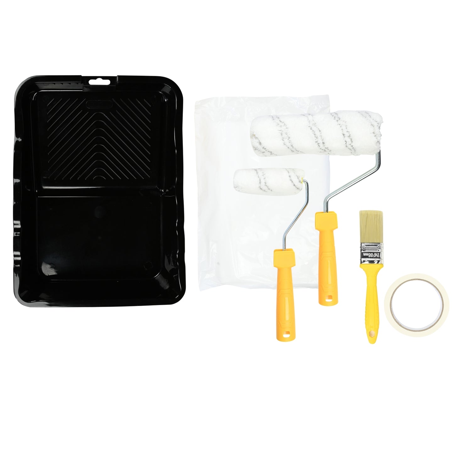 Komplettes Farbroller-Set bestehend aus schwarzer Farbwanne, zwei Farbrollern mit gelbem Griff, einem Pinsel, Abdeckfolie und Kreppband, von oben aufgenommen.