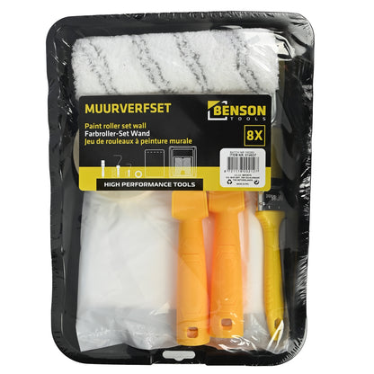 Verpacktes Farbroller-Set von Benson Tools mit gelb-schwarzem Etikett, bestehend aus zwei Farbrollern, Pinsel, Kreppband und Abdeckfolie in schwarzer Wanne.