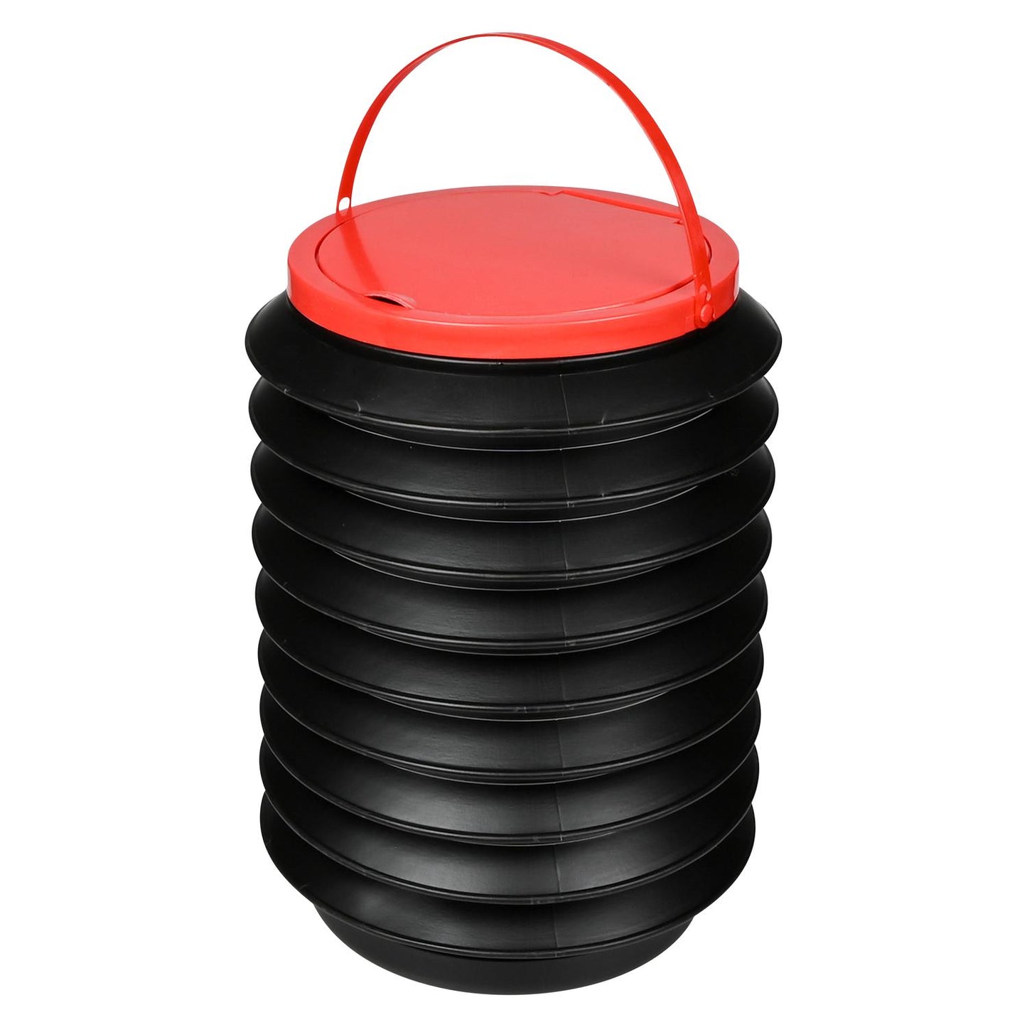 Schwarzer Falt-Eimer mit rotem Deckel und rotem Tragegriff, in vollständig ausgezogener Form dargestellt.