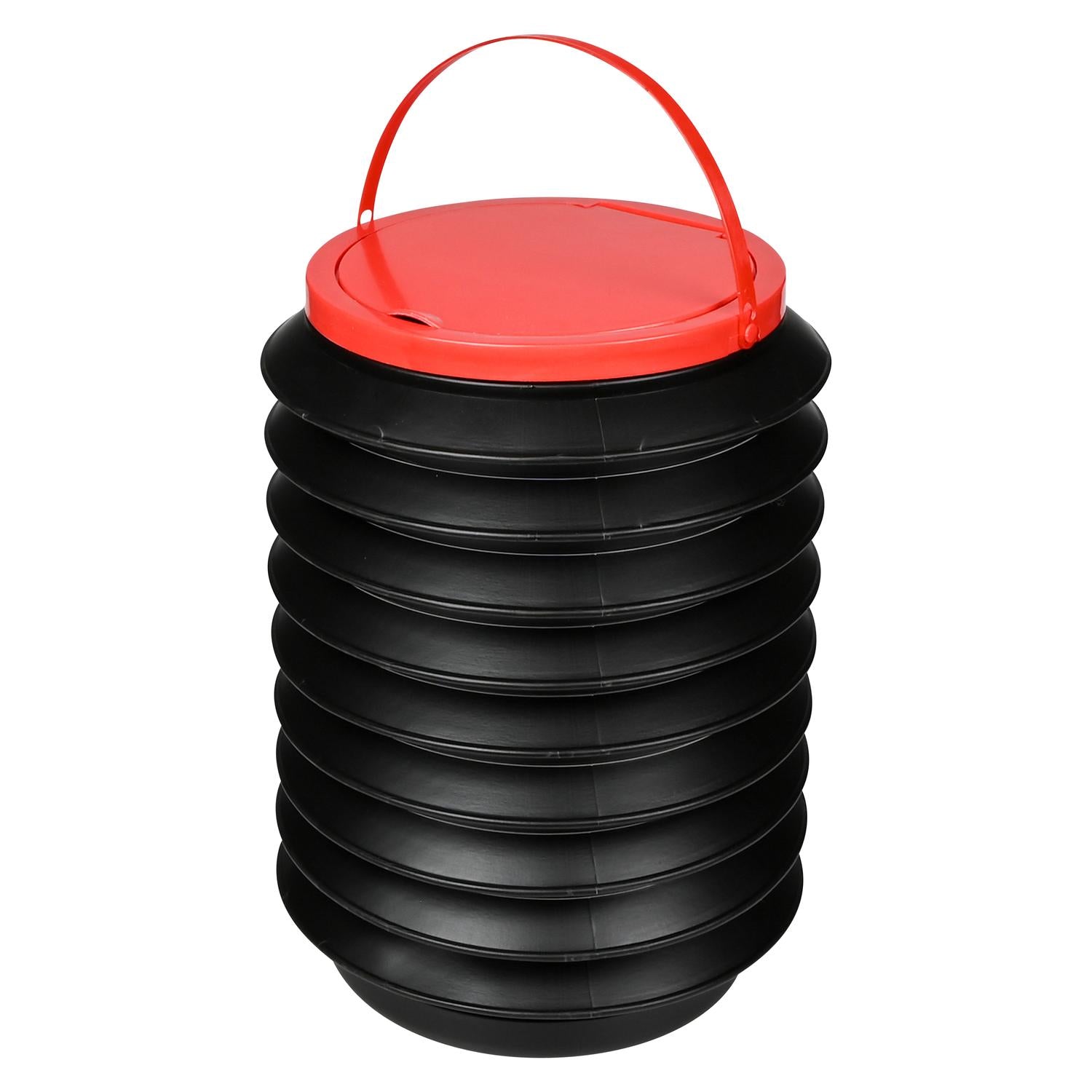 Schwarzer Falt-Eimer mit rotem Deckel und rotem Tragegriff, in vollständig ausgezogener Form dargestellt.