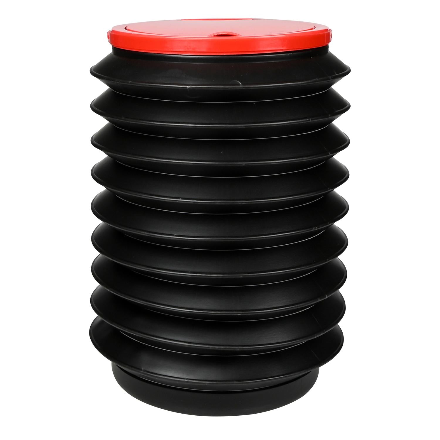 Schwarzer Falt-Eimer mit rotem Deckel, ohne Griff, in aufgerichteter Position gezeigt.