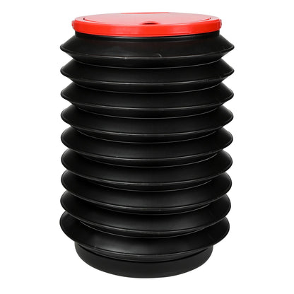 Schwarzer Falt-Eimer mit rotem Deckel, ohne Griff, in aufgerichteter Position gezeigt.