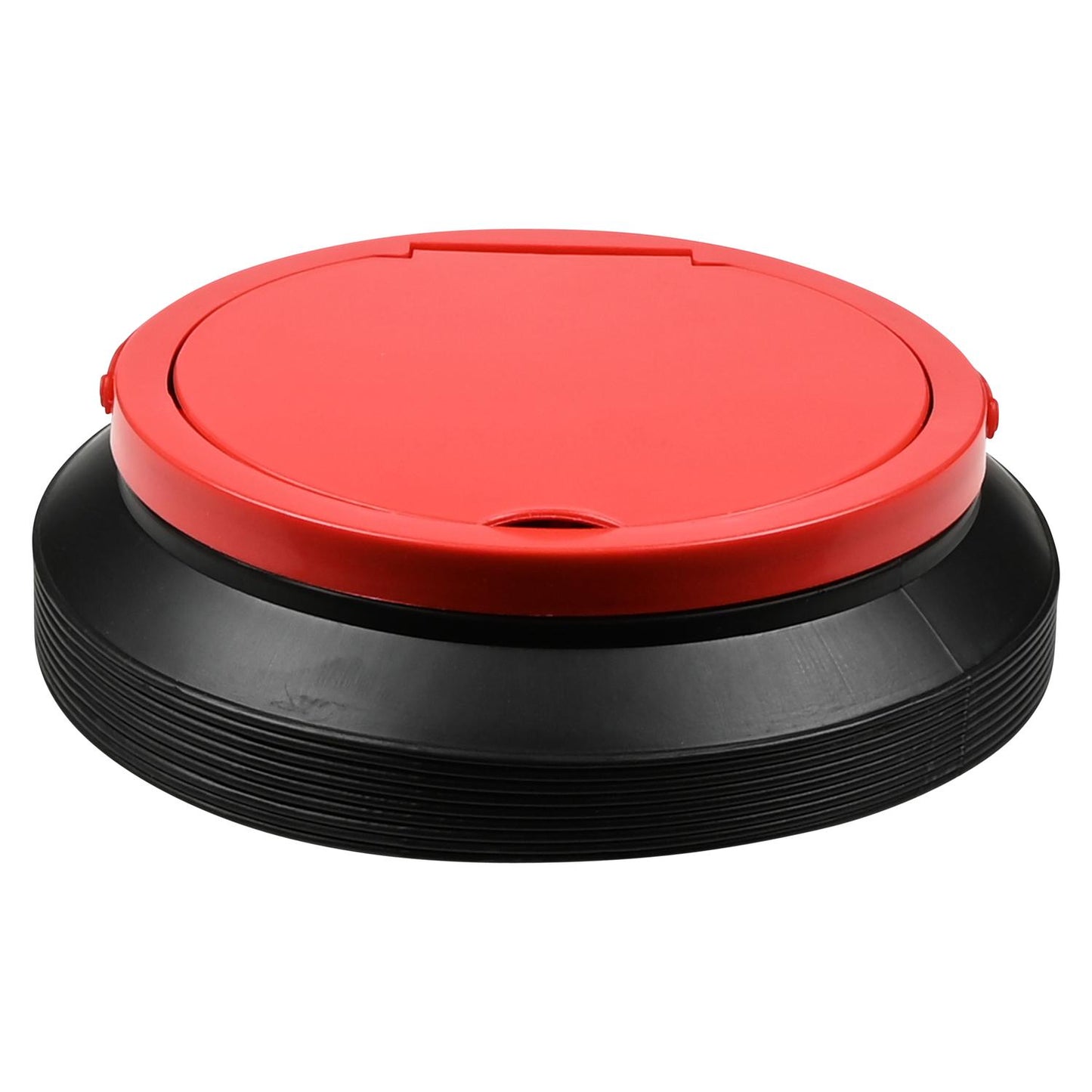 Zusammengefalteter schwarzer Falt-Eimer mit rotem Deckel, flach liegend auf weißem Hintergrund.