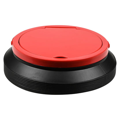 Zusammengefalteter schwarzer Falt-Eimer mit rotem Deckel, flach liegend auf weißem Hintergrund.