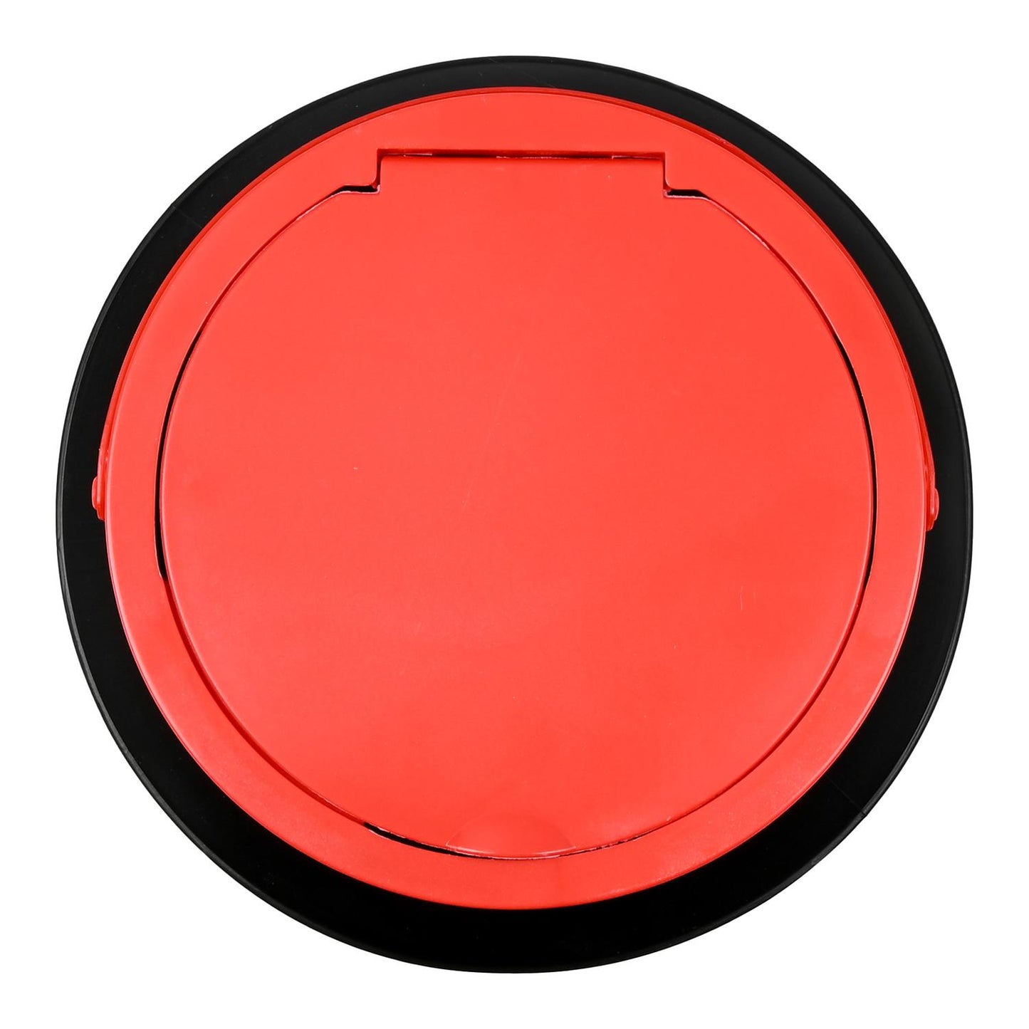 Obere Ansicht eines zusammengefalteten Falt-Eimers mit rotem Deckel und schwarzem Rand.