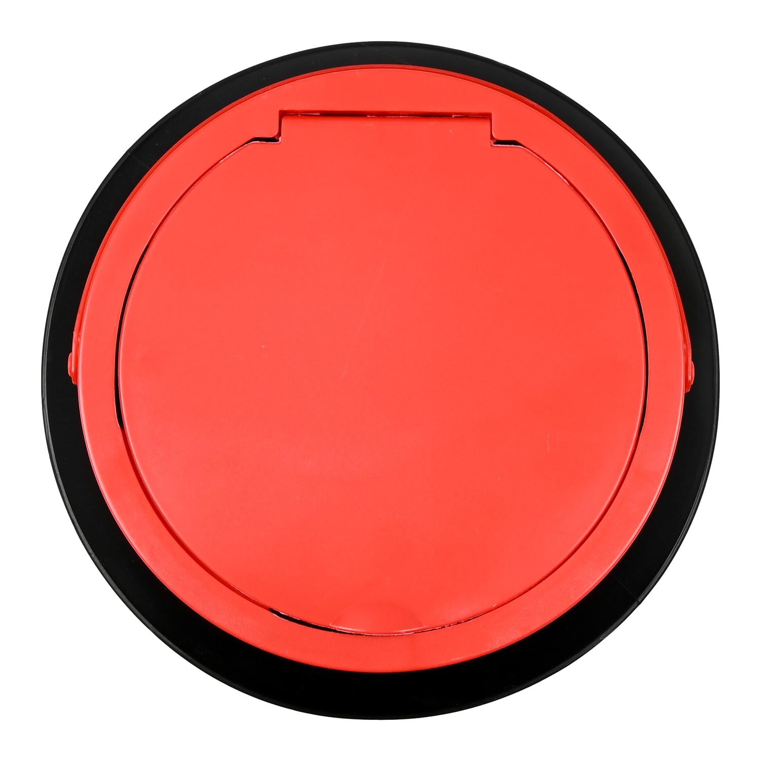 Obere Ansicht eines zusammengefalteten Falt-Eimers mit rotem Deckel und schwarzem Rand.