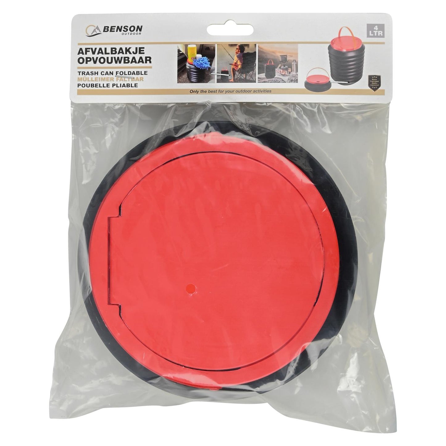 Zusammengefalteter Falt-Eimer mit rotem Deckel in transparenter Verkaufsverpackung mit Aufschrift „Benson Outdoor“.