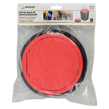 Zusammengefalteter Falt-Eimer mit rotem Deckel in transparenter Verkaufsverpackung mit Aufschrift „Benson Outdoor“.