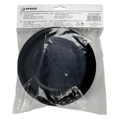 Rückseite der Verpackung des Falt-Eimers mit Produktinformationen und Abmessungen in mehreren Sprachen.