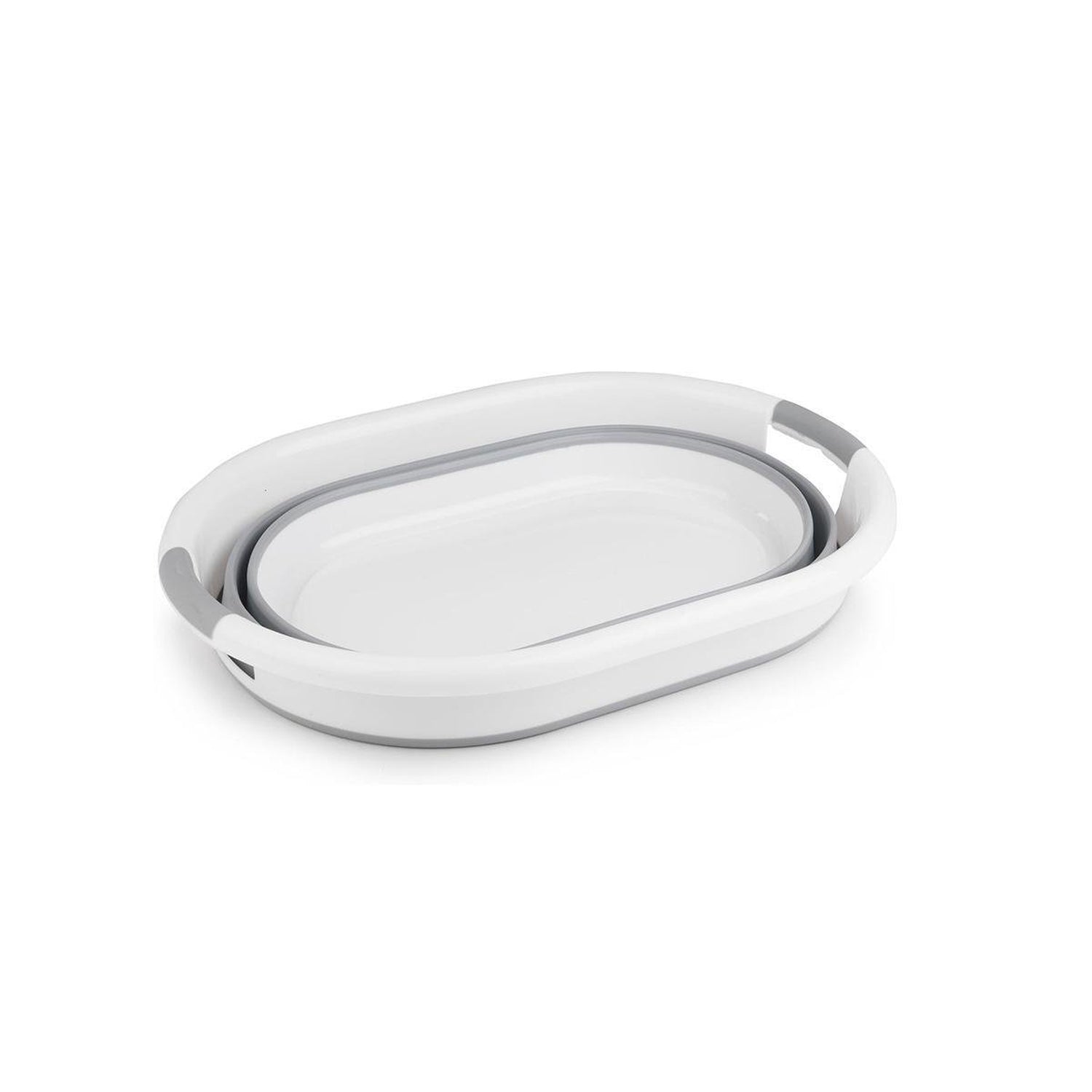 Zusammengeklappter ovaler Wäschekorb in Grau und Weiß mit integrierten Grifföffnungen, flach liegend auf weißem Hintergrund.