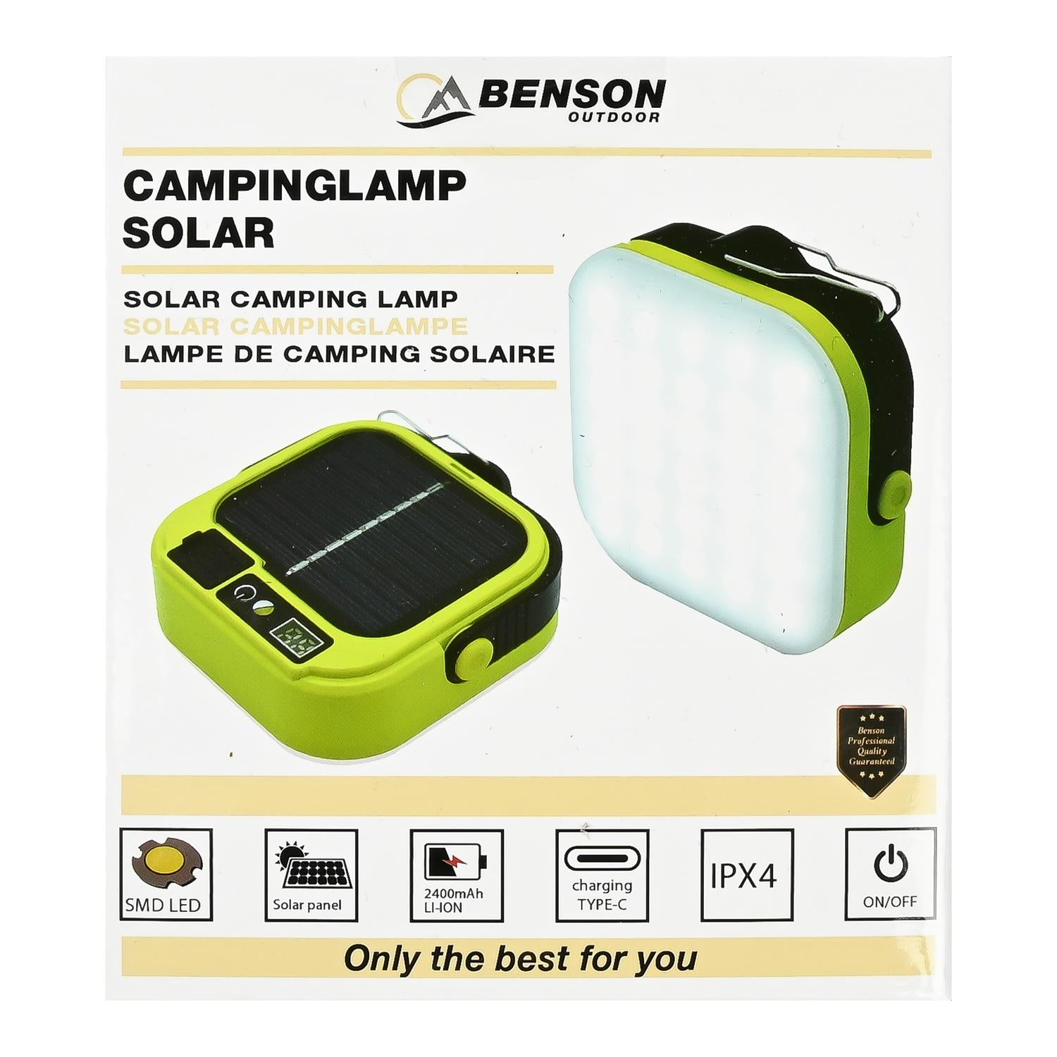 Vorderseite einer Produktverpackung für eine grüne Solar-Campinglampe mit Abbildungen des Geräts, Textangaben, Funktionssymbolen und hellem Hintergrund.