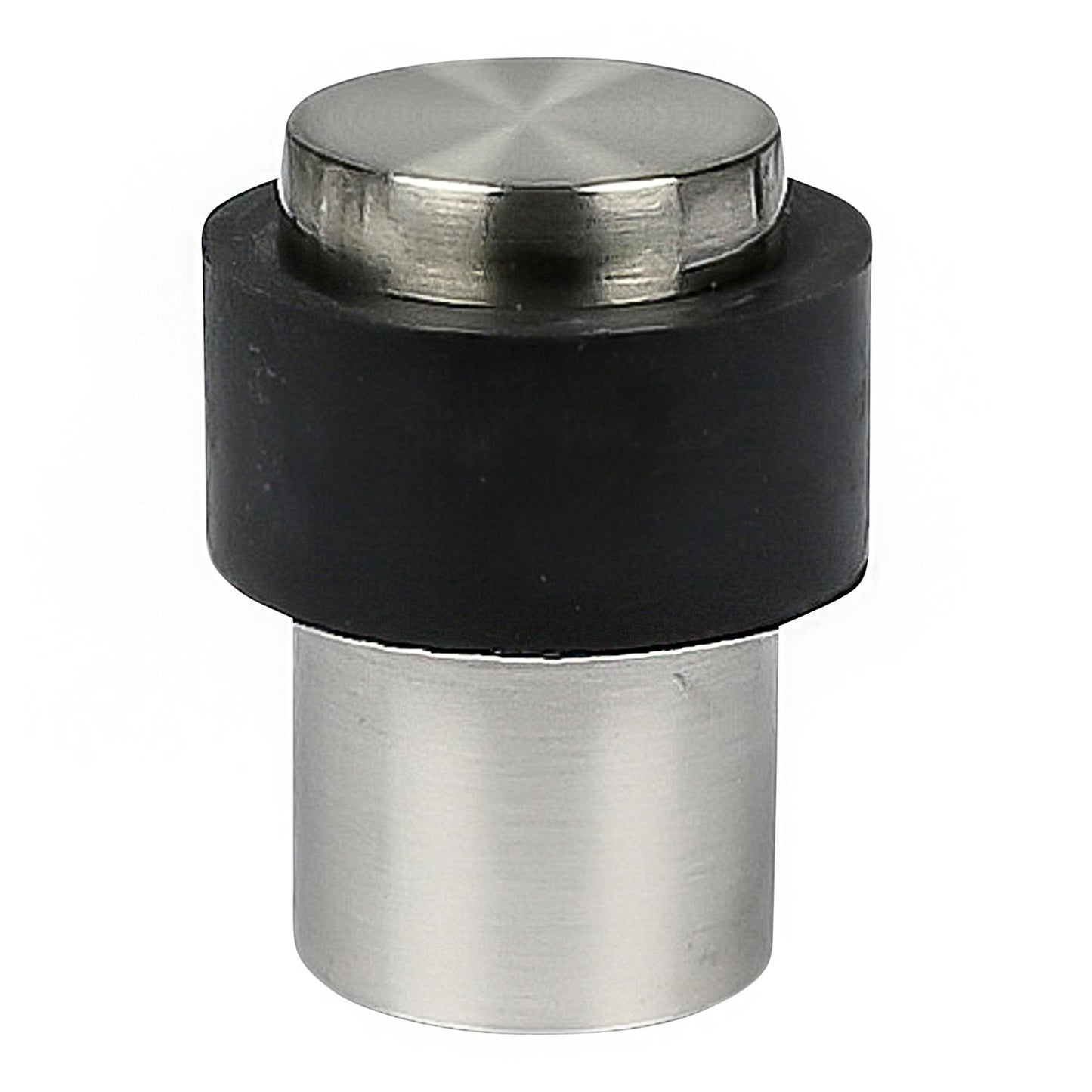 Türstopper mit rundem schwarzen Gummiring und flacher Edelstahlkappe oben, freigestellt auf weißem Hintergrund.