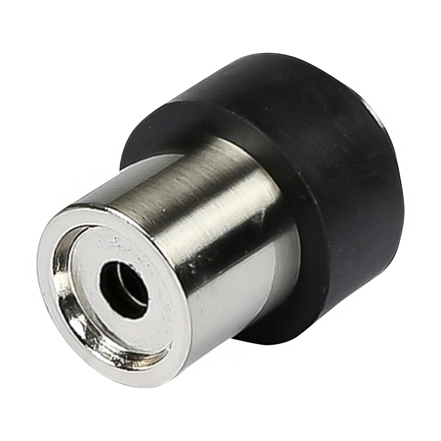 Türstopper mit schwarzem Gummiring, in schräger Perspektive gezeigt, Bohröffnung auf der Vorderseite sichtbar.