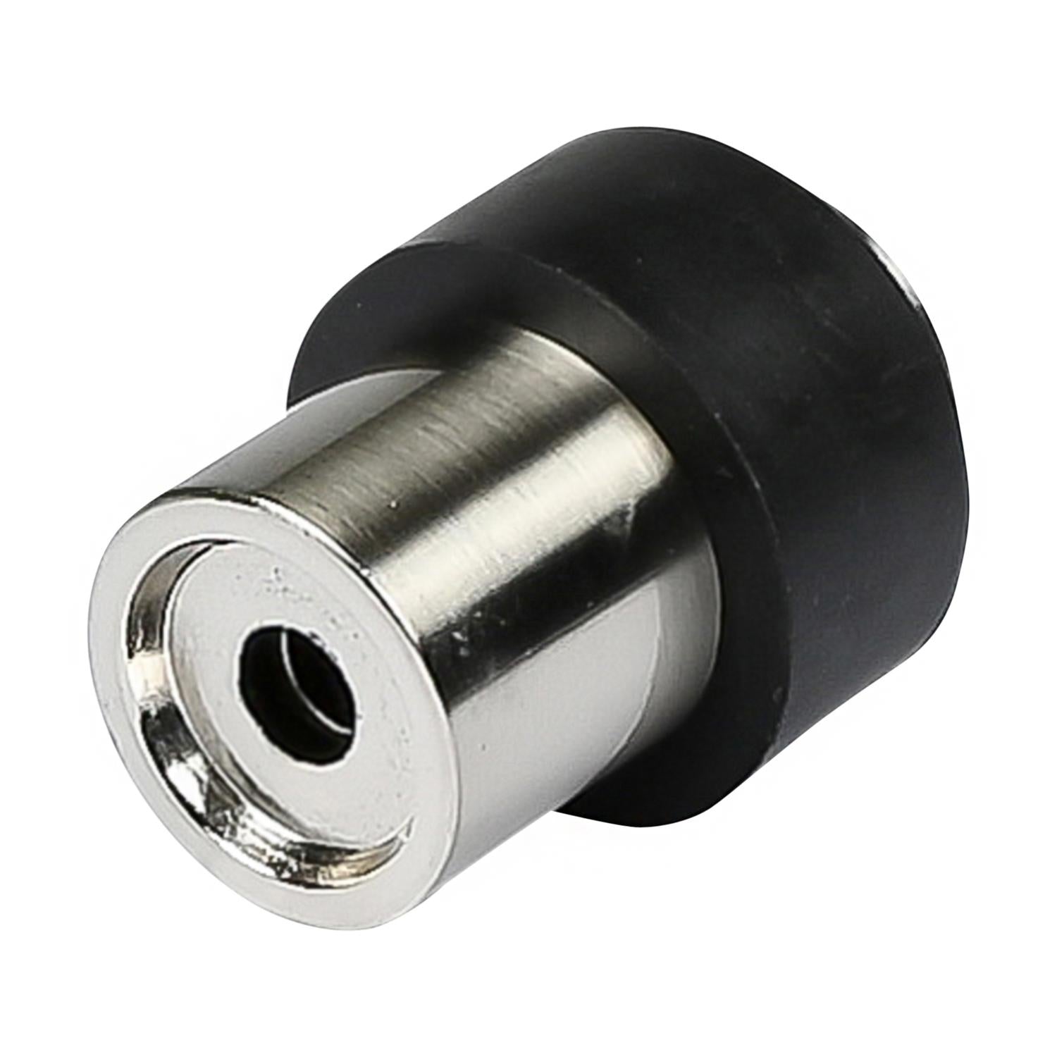 Türstopper mit schwarzem Gummiring, in schräger Perspektive gezeigt, Bohröffnung auf der Vorderseite sichtbar.