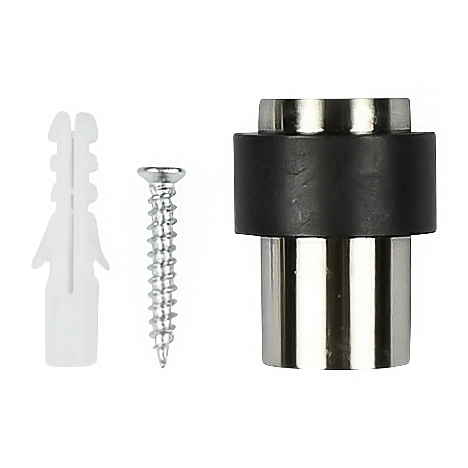 Set bestehend aus einem zylindrischen Türstopper mit schwarzem Gummiring, einer silbernen Schraube und einem weißen Dübel, auf weißem Hintergrund dargestellt.