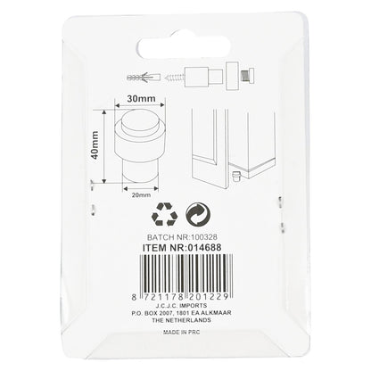 Rückseite der Verpackung des Türstoppers mit technischen Zeichnungen, Maßangaben, Recycling-Symbolen, Barcode und Herstellerinformationen.