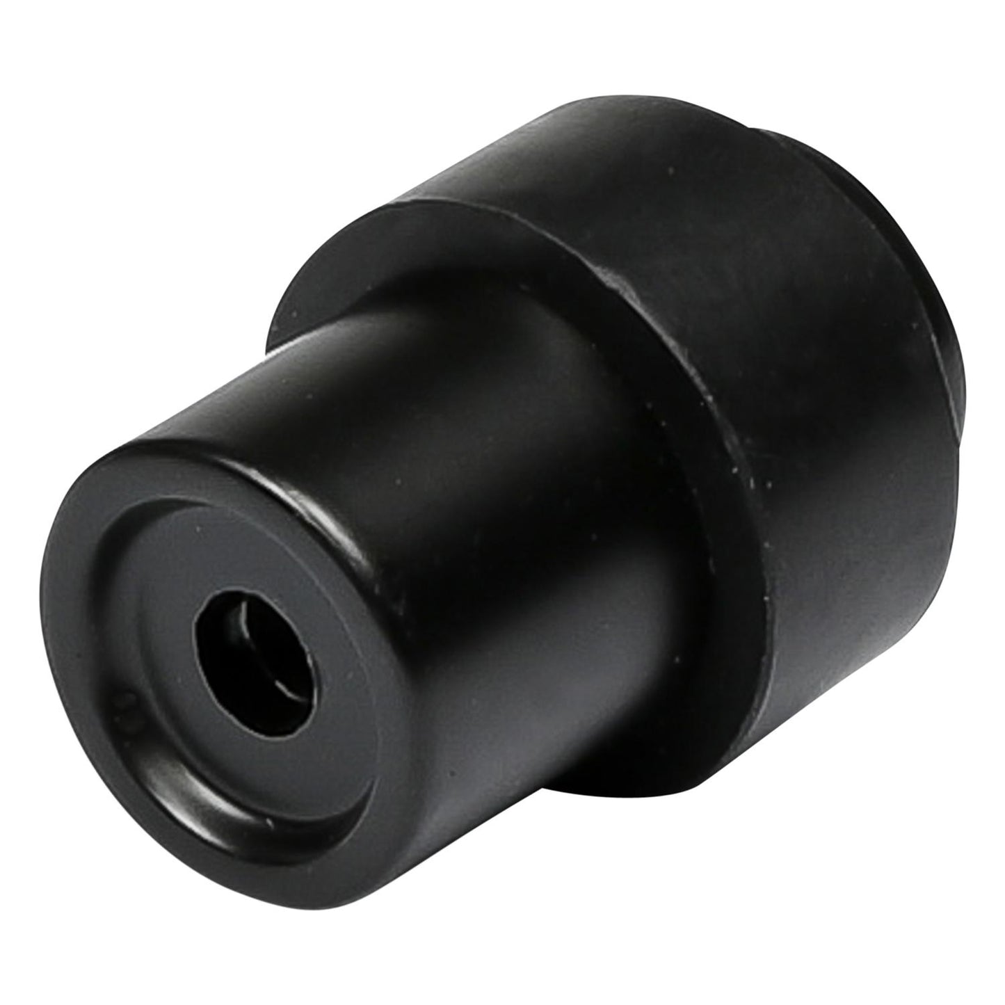 Schwarzer Türstopper in schräger Nahaufnahme, mit sichtbarer Bohröffnung an der Unterseite, auf weißem Hintergrund.