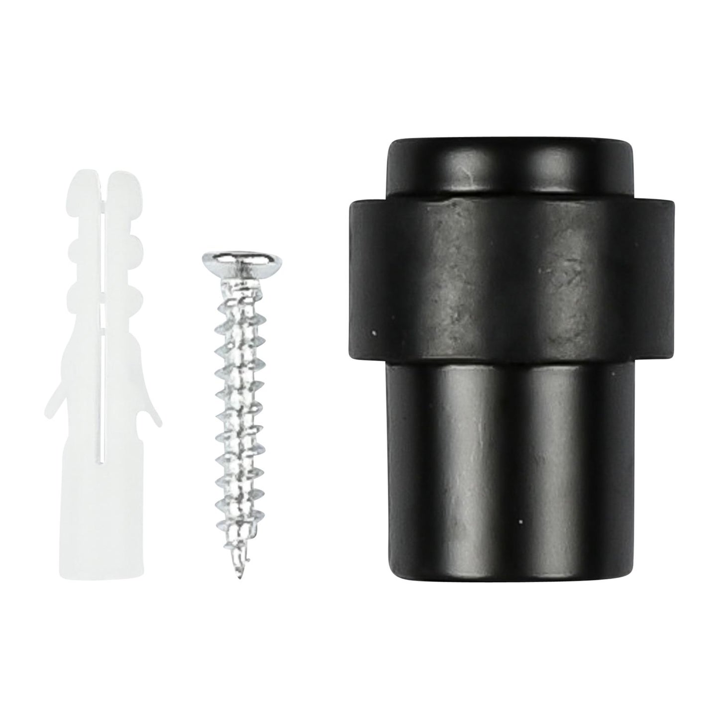 Set bestehend aus einem schwarzen Türstopper in zylindrischer Form, einer silbernen Schraube und einem weißen Dübel, auf weißem Hintergrund dargestellt.
