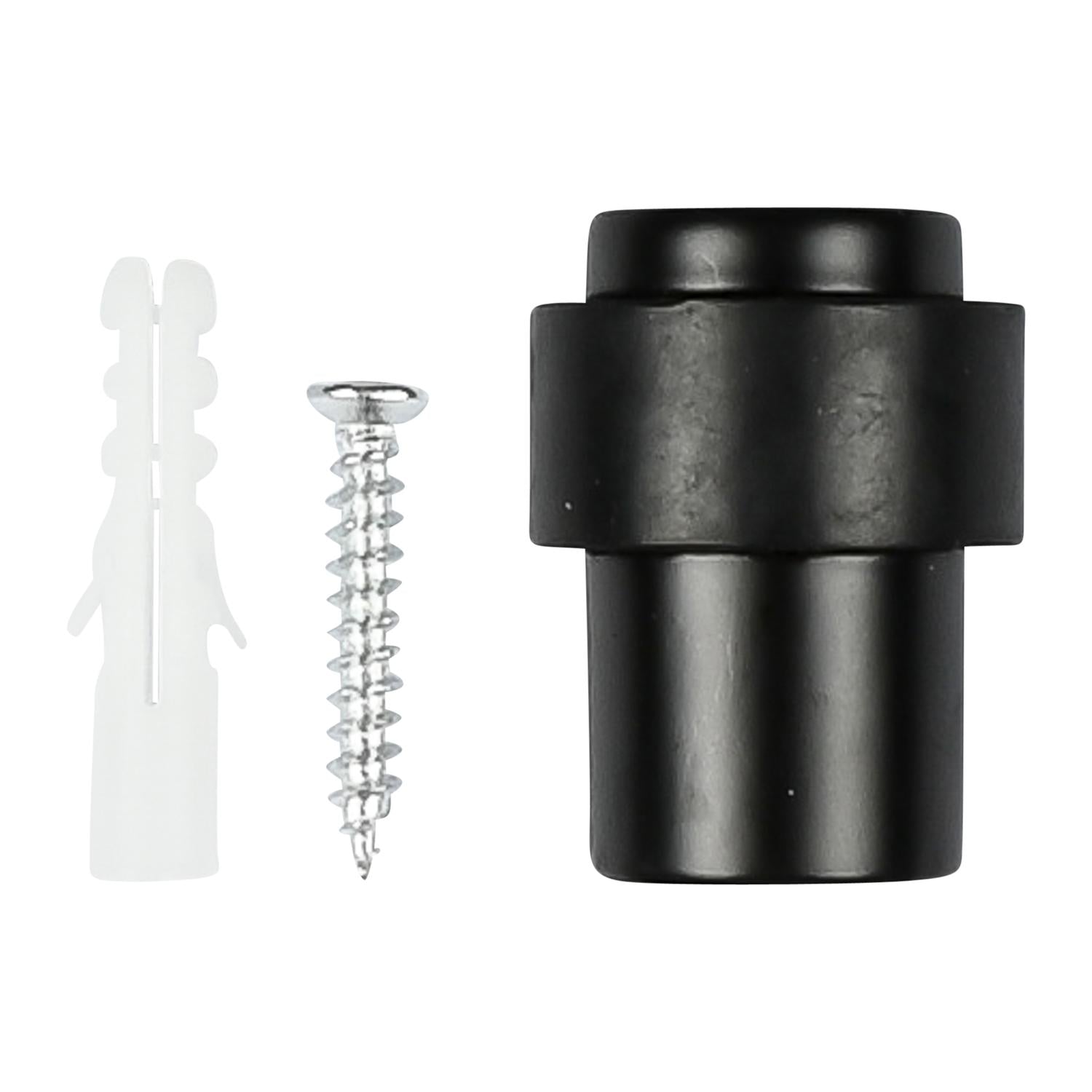Set bestehend aus einem schwarzen Türstopper in zylindrischer Form, einer silbernen Schraube und einem weißen Dübel, auf weißem Hintergrund dargestellt.