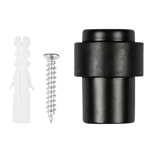 Set bestehend aus einem schwarzen Türstopper in zylindrischer Form, einer silbernen Schraube und einem weißen Dübel, auf weißem Hintergrund dargestellt.