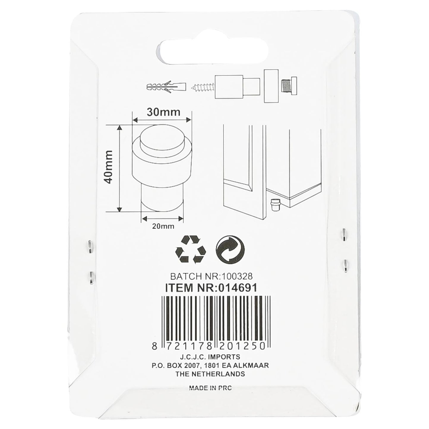 Rückseite der Verpackung des schwarzen Türstoppers mit technischen Zeichnungen, Maßangaben, Recycling-Symbolen, Barcode und Herstellerinformationen.