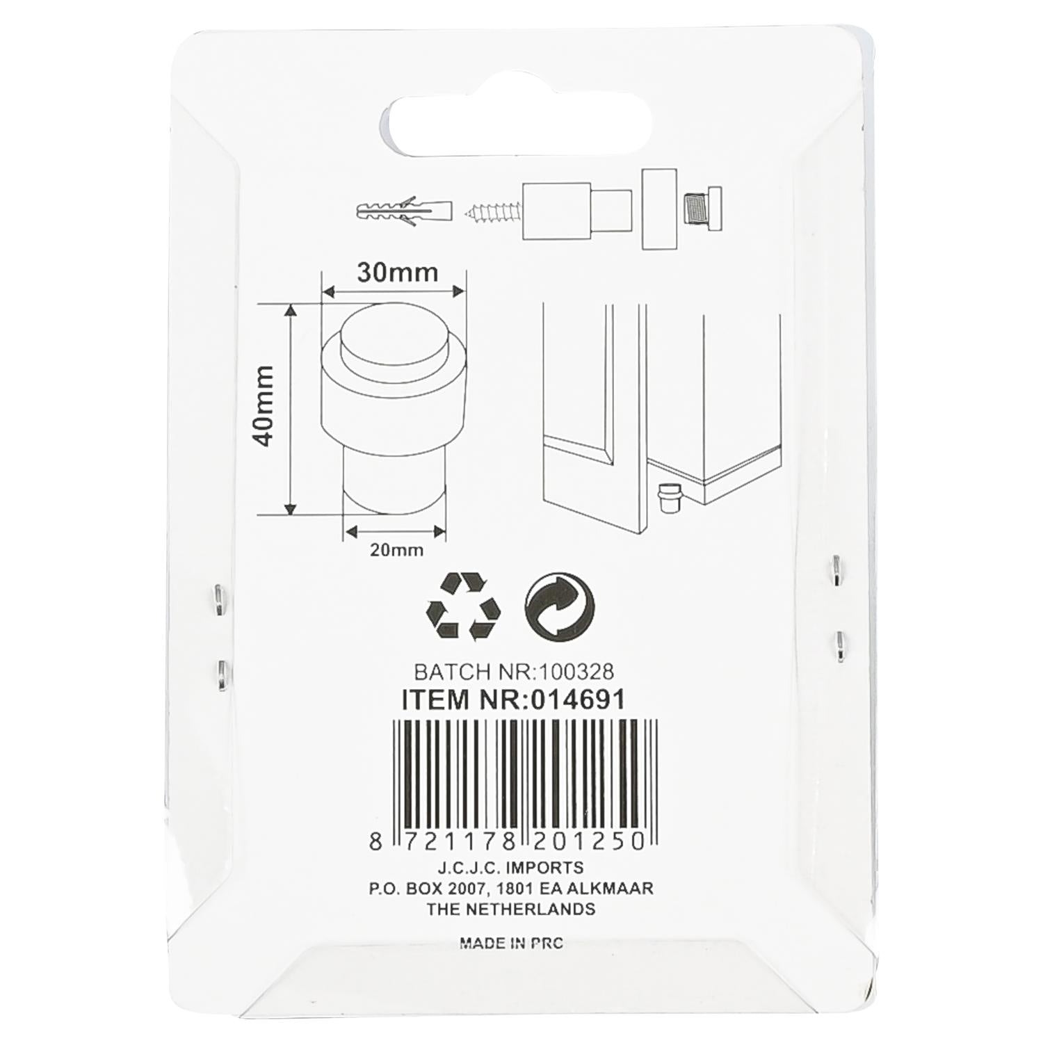 Rückseite der Verpackung des schwarzen Türstoppers mit technischen Zeichnungen, Maßangaben, Recycling-Symbolen, Barcode und Herstellerinformationen.