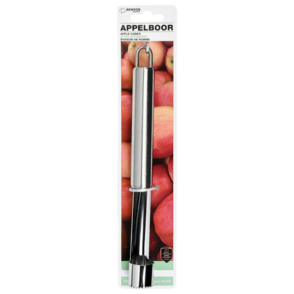 Metall-Apfelausstecher mit gezackter Schneide und zylindrischem Griff in Verpackung mit Apfelmotiv und Aufschrift „Appelboor“, freigestellt auf weißem Hintergrund.