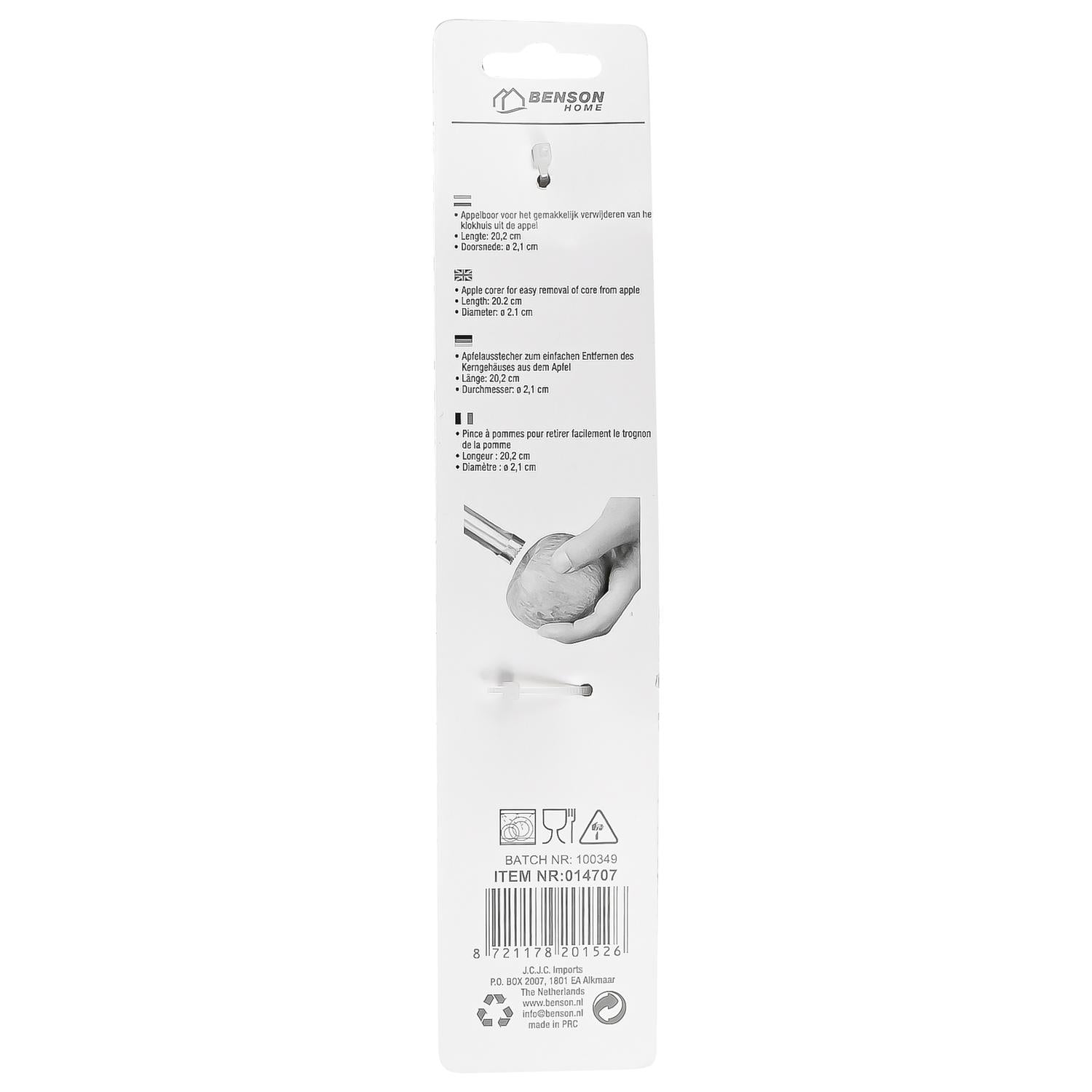 Rückseite der Verpackung eines Metall-Apfelausstechers mit Produktinformationen, Anwendungsgrafik und Barcode, freigestellt auf weißem Hintergrund.