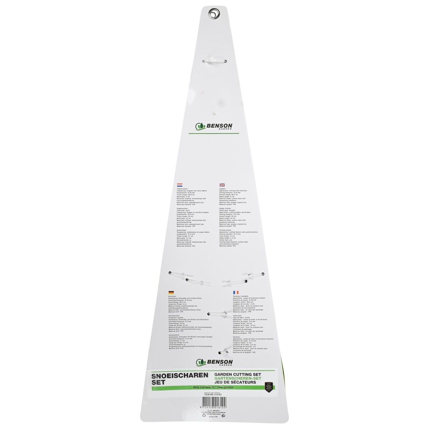 Rückseite der Verpackung eines Gartenscheren-Sets in dreieckiger Form vor weißem Hintergrund. Oben das Markenlogo „Benson Garden“, darunter mehrsprachige Produktinformationen in fünf Spalten.