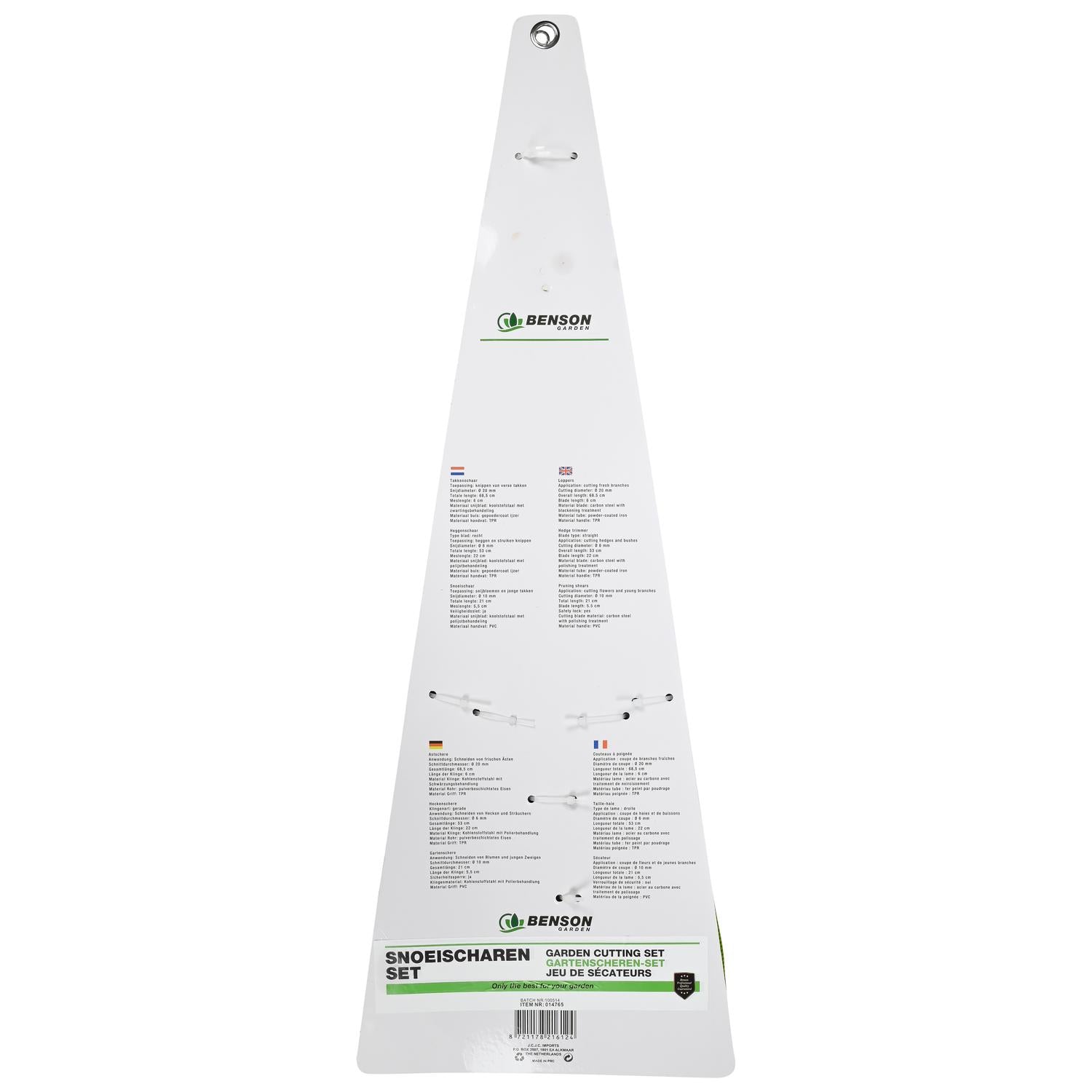 Rückseite der Verpackung eines Gartenscheren-Sets in dreieckiger Form vor weißem Hintergrund. Oben das Markenlogo „Benson Garden“, darunter mehrsprachige Produktinformationen in fünf Spalten.