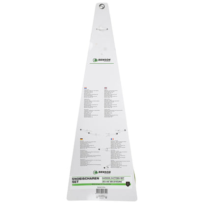 Rückseite der Verpackung eines Gartenscheren-Sets in dreieckiger Form vor weißem Hintergrund. Oben das Markenlogo „Benson Garden“, darunter mehrsprachige Produktinformationen in fünf Spalten.