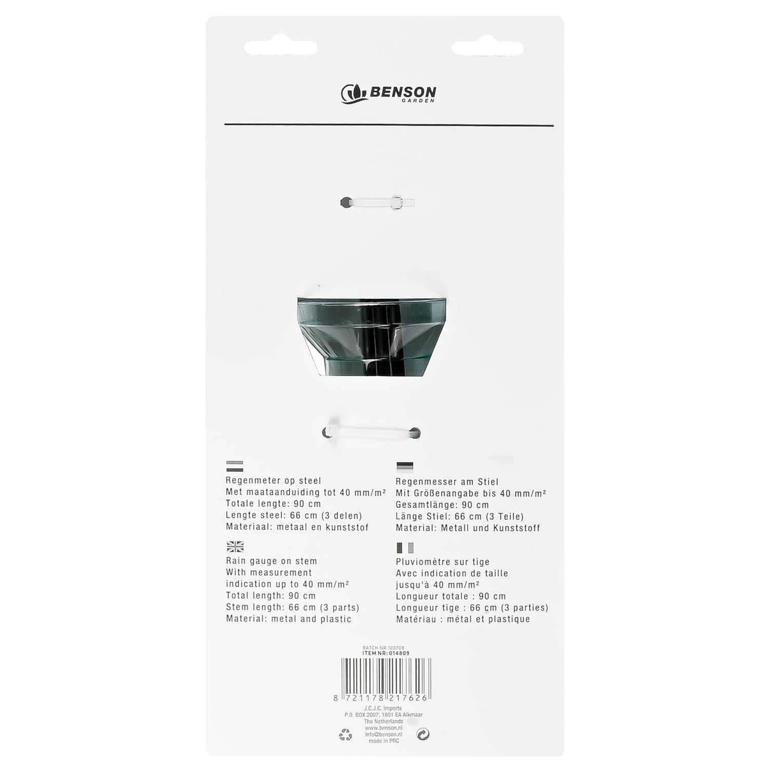 Rückseite der Produktverpackung des Regenmessers mit Beschreibung in vier Sprachen; mittig ist der trichterförmige Messbehälter aus Kunststoff zu sehen, Materialangabe: Metall und Kunststoff, Gesamtlänge 90 cm.