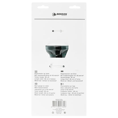 Rückseite der Produktverpackung des Regenmessers mit Beschreibung in vier Sprachen; mittig ist der trichterförmige Messbehälter aus Kunststoff zu sehen, Materialangabe: Metall und Kunststoff, Gesamtlänge 90 cm.