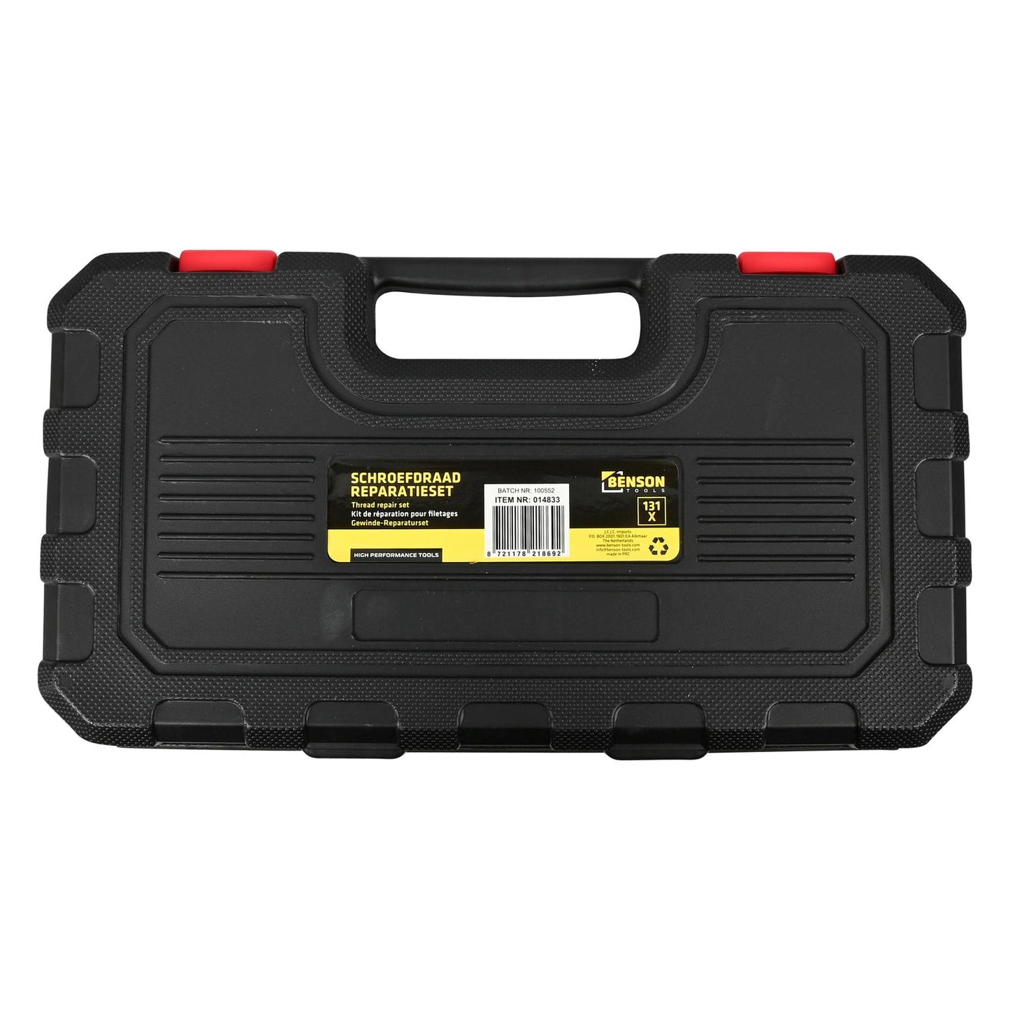 Rückseite des geschlossenen schwarzen Werkzeugkoffers mit gelbem Etikett und Aufschrift „Schroefdraad Reparatieset“ sowie Tragegriff oben.