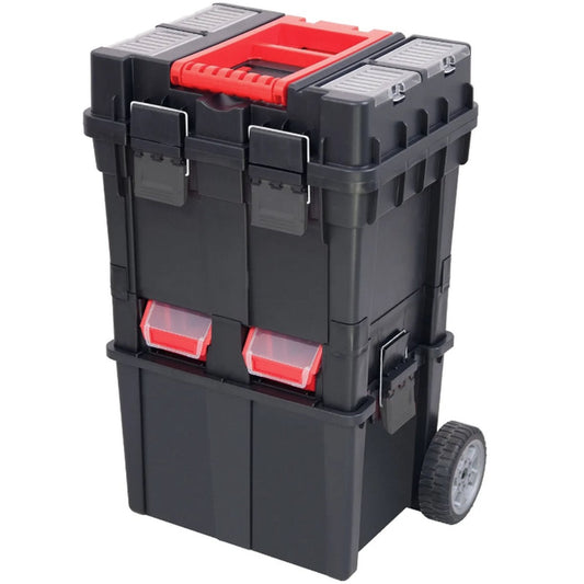 Zweiteiliger mobiler Werkzeugkasten aus schwarzem Kunststoff mit rotem Griff, zwei silberfarbenen Verschlüssen und zwei kleinen roten Schubladen vorne. Unten sind zwei graue Rollen befestigt.