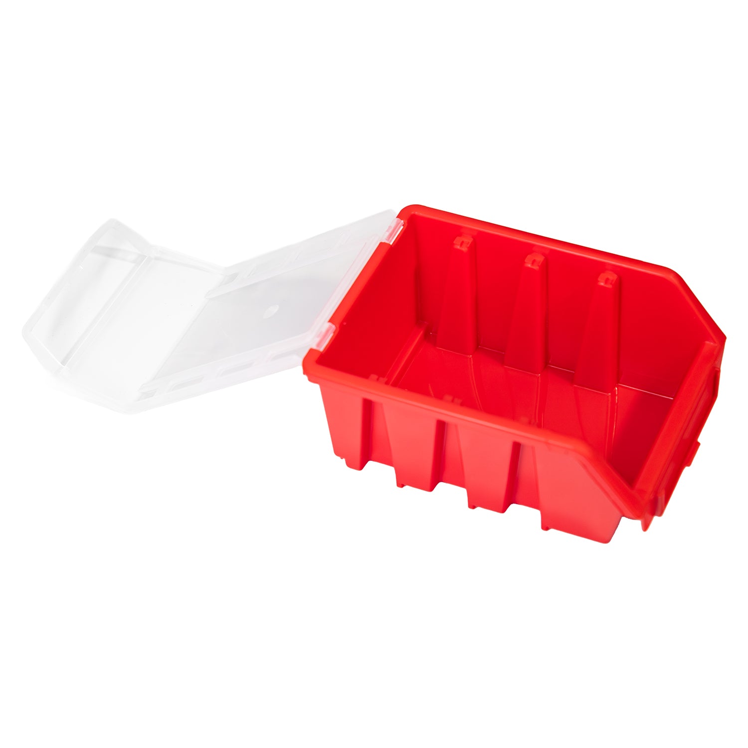 Rote Kunststoffbox mit transparentem Klappdeckel, offen dargestellt, geeignet zur Aufbewahrung kleiner Teile.