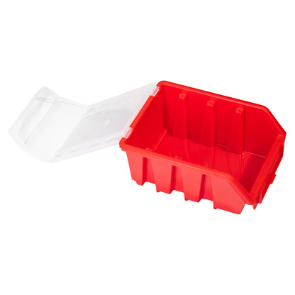 Rote Kunststoffbox mit transparentem Klappdeckel, offen dargestellt, geeignet zur Aufbewahrung kleiner Teile.