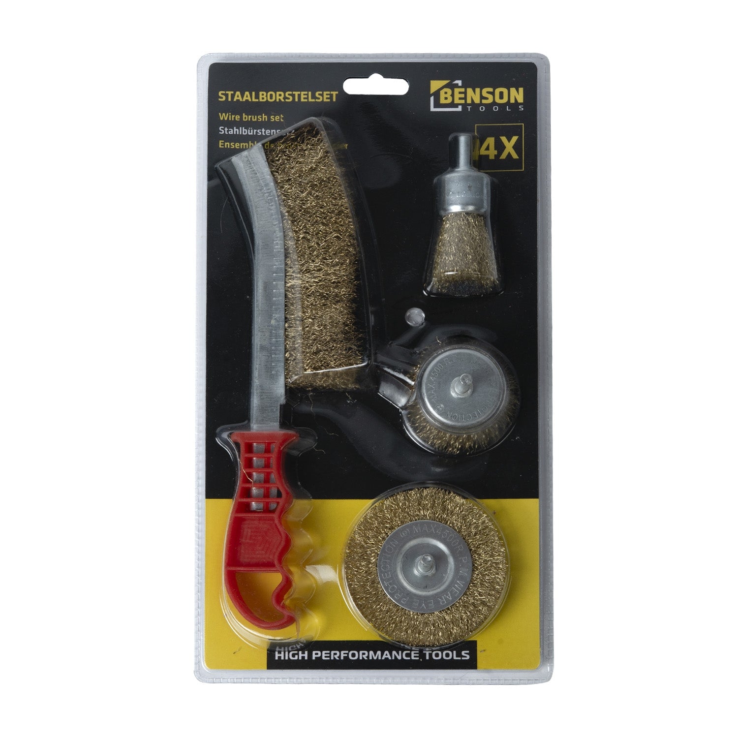 Verpackung des 4-teiligen Drahtbürstensets mit transparenter Blisterhülle, gelb-schwarzem Hintergrund und sichtbaren Bürsten.