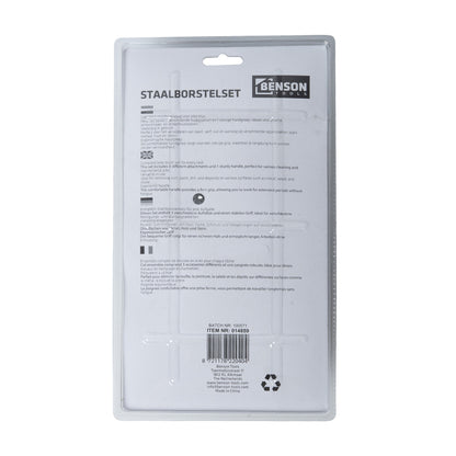 Rückseite der Verpackung mit mehrsprachiger Produktbeschreibung und technischen Angaben zu den enthaltenen Drahtbürsten.