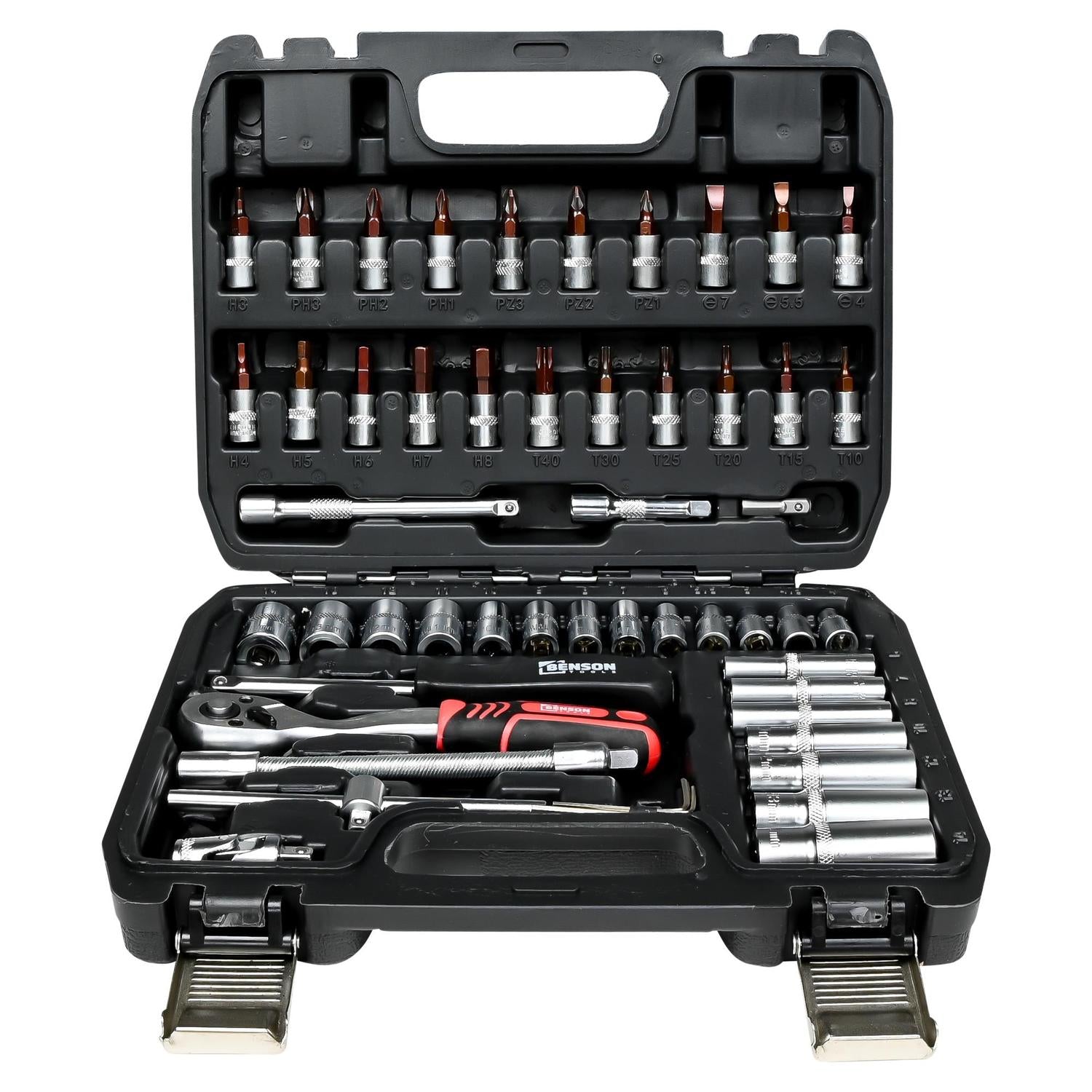 2: Werkzeugkoffer mit geöffnetem Deckel, bestückt mit Stecknüssen, Ratsche, Verlängerungen und Einsatzbits in geordneter Anordnung.