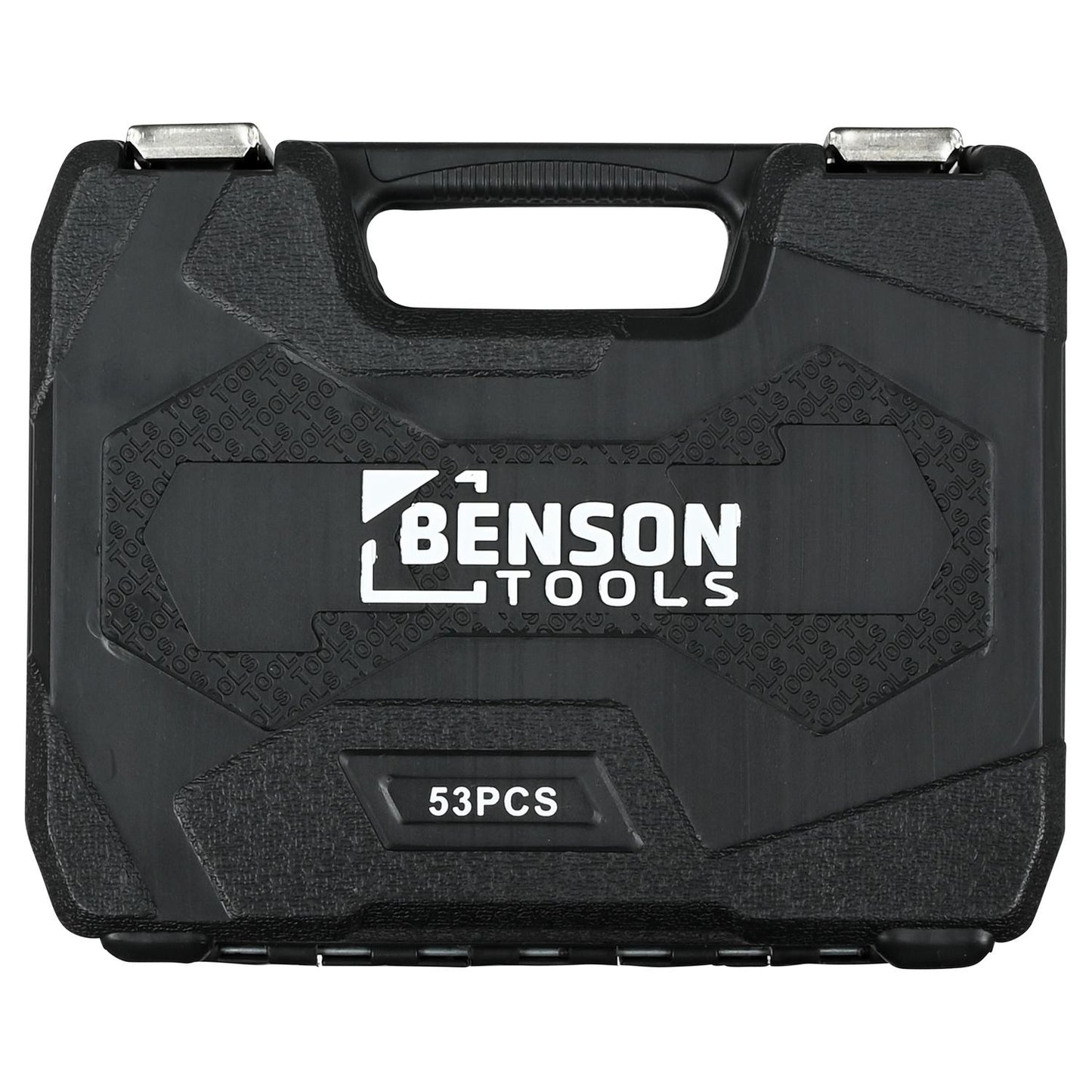 Geschlossener schwarzer Kunststoffkoffer mit silbernen Metallschließen, geprägtem Benson-Tools-Logo und Aufschrift „53PCS“.