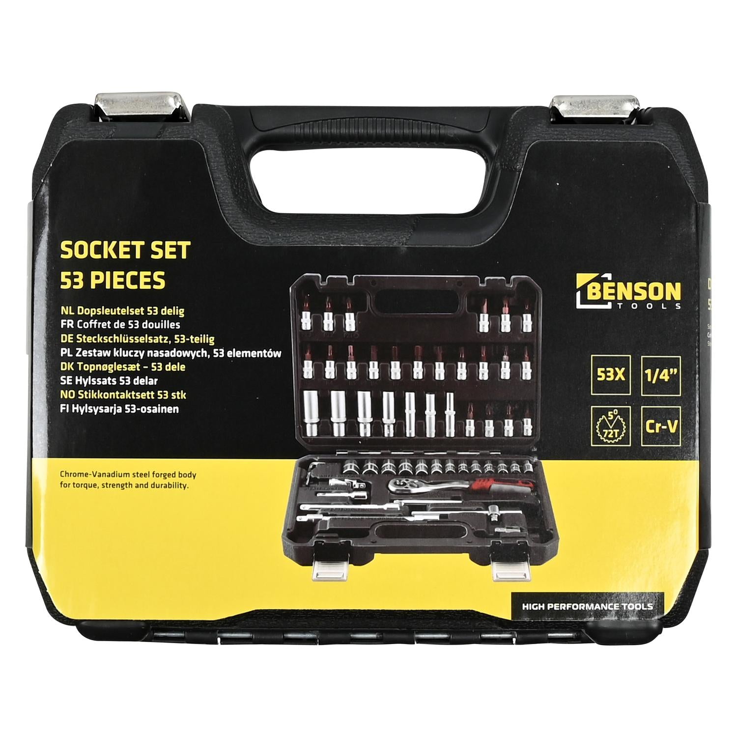 Vorderseite des schwarzen Werkzeugkoffers mit gelbem Etikett, Aufschrift „Socket Set 53 Pieces“ und Abbildung des geöffneten Steckschlüsselsatzes.