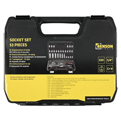 Rückseite des schwarzen Werkzeugkoffers mit gelb-schwarzem Etikett, detaillierter Inhaltsangabe des 53-teiligen Steckschlüsselsatzes und Produktlogo von Benson Tools.