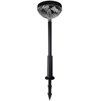 Solarlampe mit schwarzem Gehäuse und transparenter Lichtkuppel mit Facettenschliff, montiert auf einem geraden schwarzen Erdspieß mit runder Auflagefläche.
