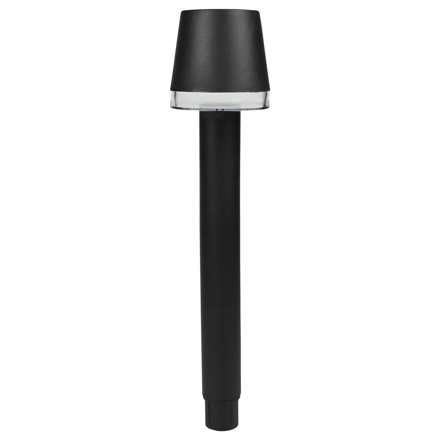Schwarze Solar-Gartenleuchte in zylindrischer Form mit konischem Leuchtenkopf, transparentem Ring unter dem Schirm und glattem, schwarzem Gehäuseschaft auf weißem Hintergrund.