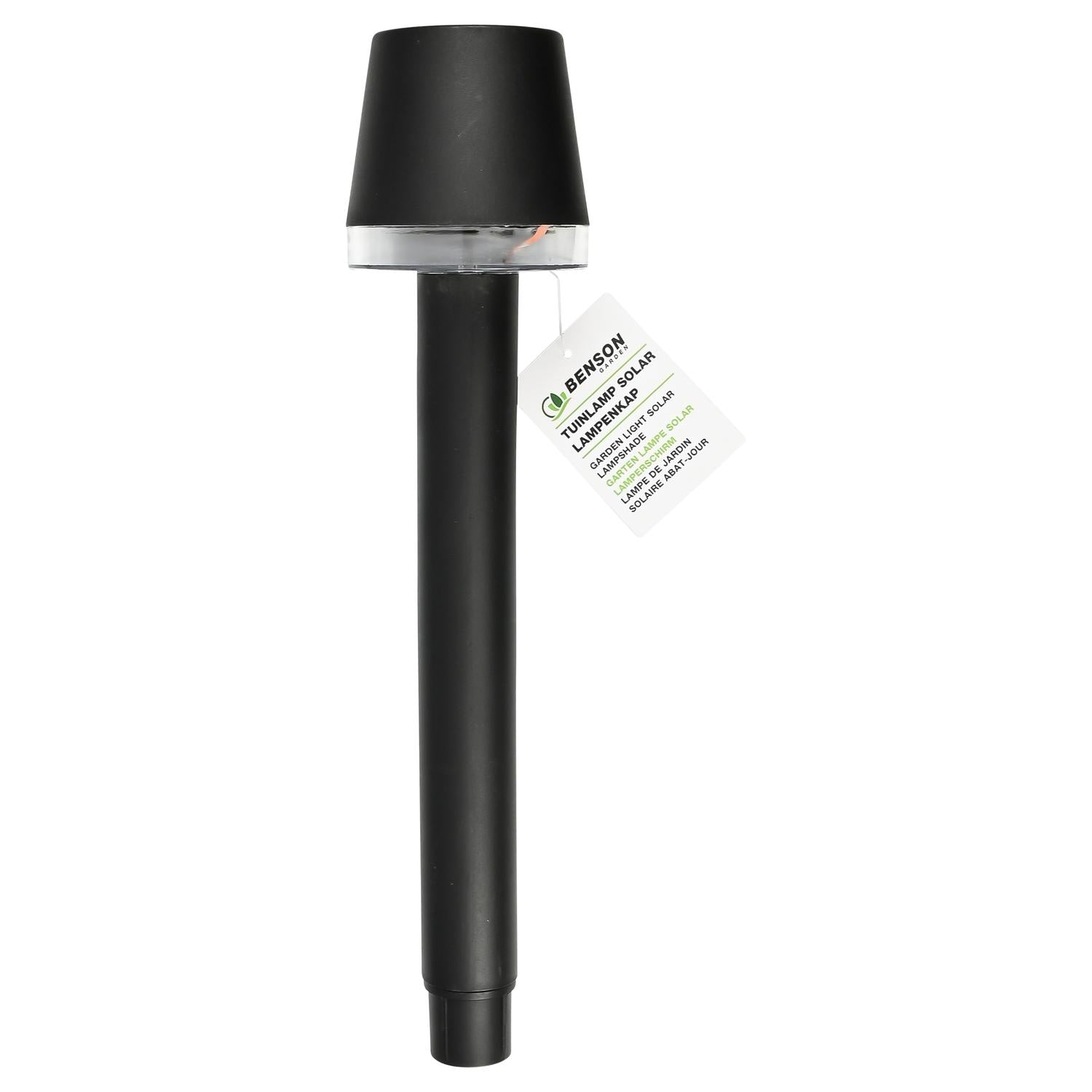 Schwarze Solar-Gartenleuchte mit klarem Lampenschirm, aufrecht dargestellt mit angebrachtem Etikett der Marke Benson, freigestellt vor weißem Hintergrund.