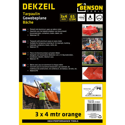 Produktverpackung mit mehrsprachiger Beschreibung einer orangefarbenen Gewebeplane, mehreren Anwendungsfotos und technischen Angaben.